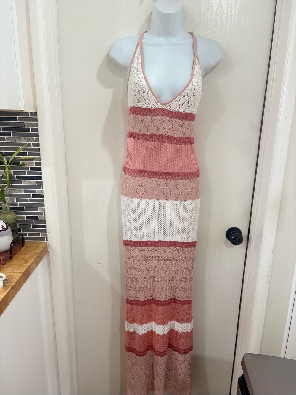 Torn by Ronny Kobo Striped Knit Halter Maxi Dress in Pink & White - Picture 6 of 10